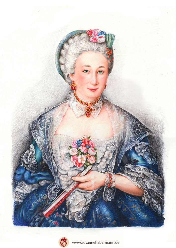 Porträt -  Dame im Rokoko Gewand - Zeichnung Buntstift auf Papier - Colorierung eines alten Gemäldes