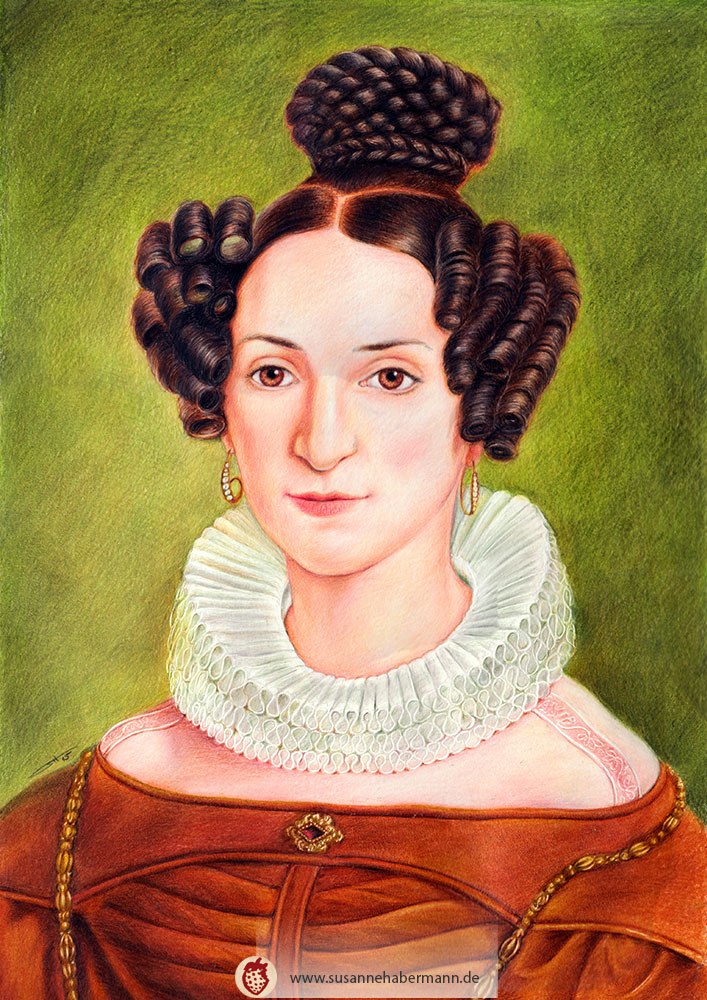 Porträt -  Frau im historischen Gewand 19. Jahrhundert mit Halskrause - Zeichnung Buntstift auf Papier - Colorierung eines alten Gemäldes