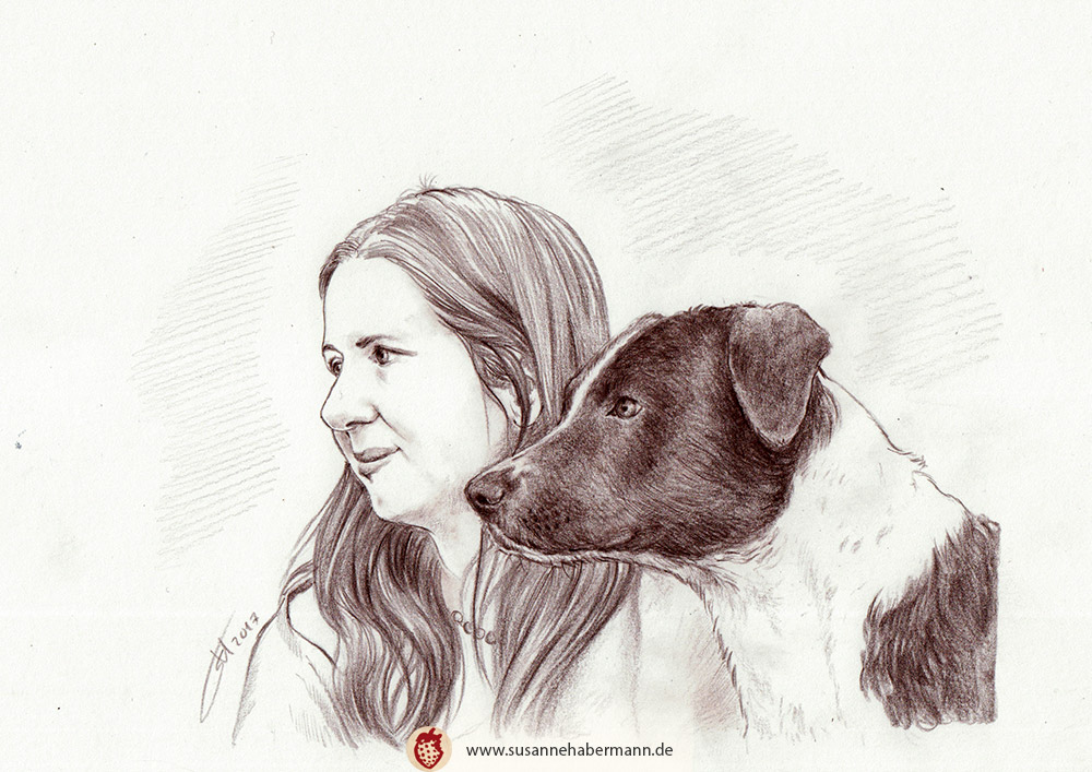 Porträt - Frau mit Hund - Zeichnung Buntstift auf Papier - A5