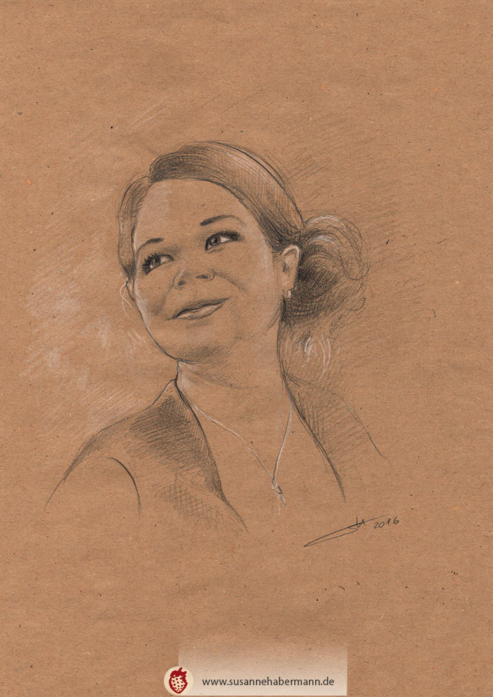 Porträt - junge Frau - Zeichnung Bleistift auf getöntem Papier mit weißen Akzenten - A5