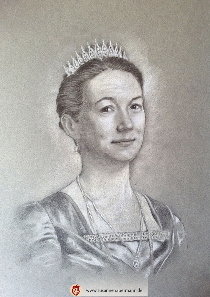 Portrait - Frau im historischen Gewand mit Tiara - Zeichnung Bleistift auf getöntem Papier mit weißen Akzenten - A3