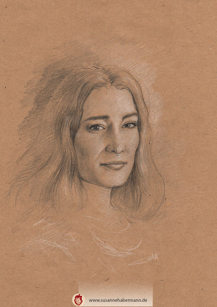 Porträt - junge Frau - Sopranistin Dominika Kocis - Zeichnung Bleistift auf getöntem Papier mit weißen Akzenten - A5 - Portrait malen lassen