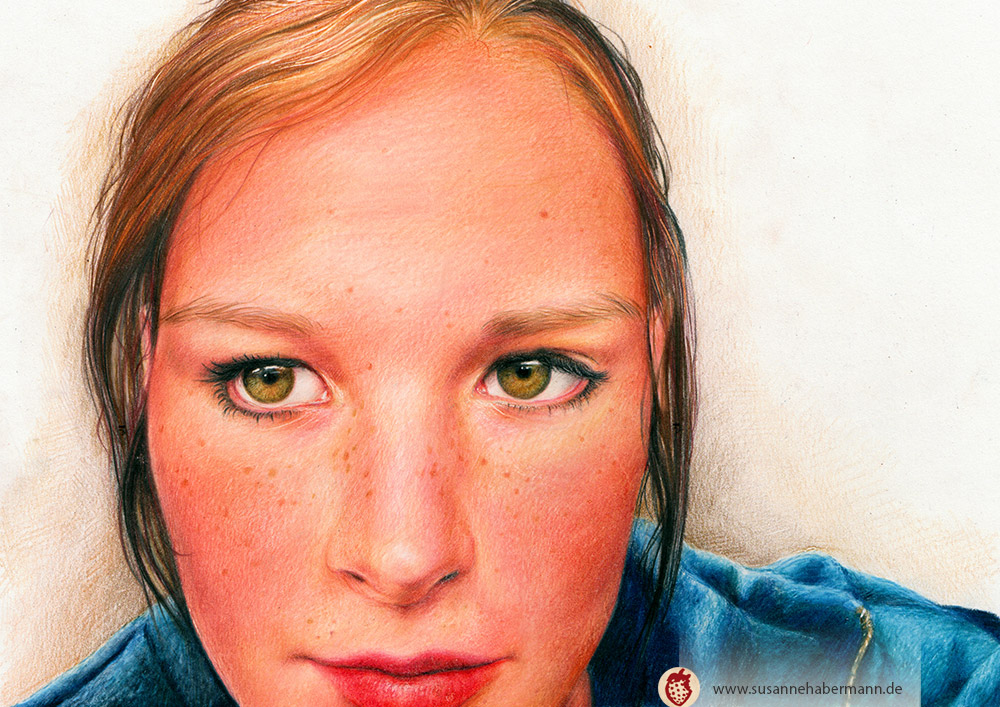 Porträt -  Nahaufnahme von junger Frau - Zeichnung Buntstift auf Papier - fotorealistischer Stil - A4