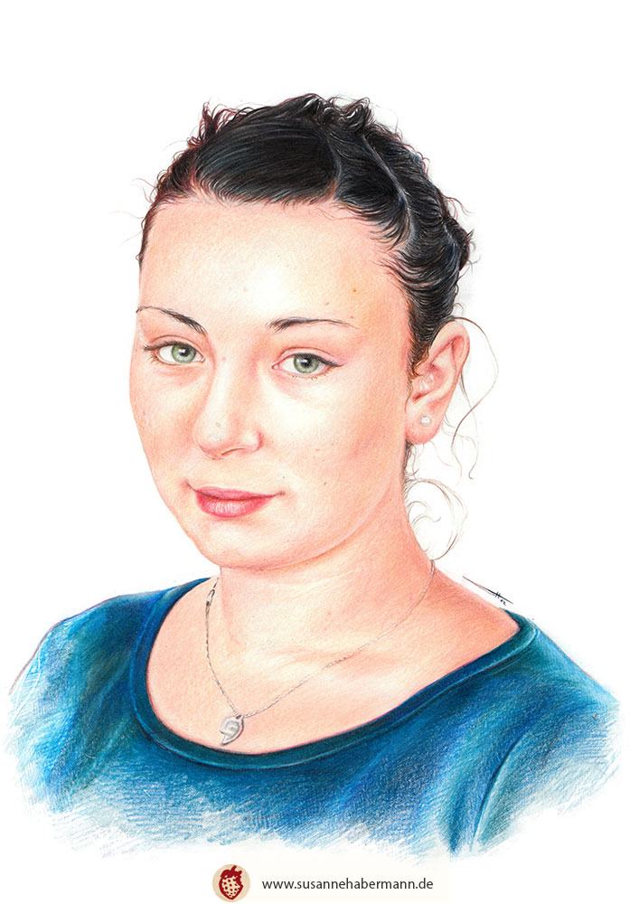 Porträt -  Junge Frau mit hochgesteckten schwarzen Haaren - Zeichnung Buntstift auf Papier - fotorealistischer Stil - A4