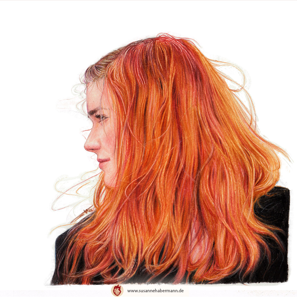 Porträt -  Junge Frau im Profil mit roten Haaren - Zeichnung Buntstift auf Papier - fotorealistischer Stil - A4