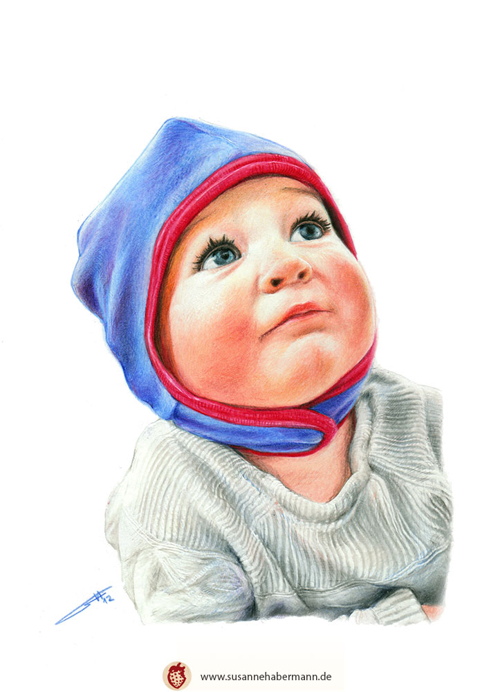 Porträt -  Baby mit blau roter Kappe - Zeichnung Buntstift auf Papier - fotorealistischer Stil - A4