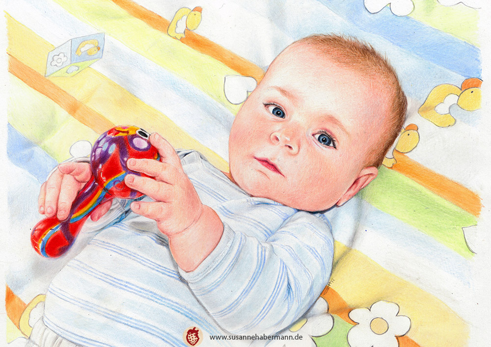 Porträt - Baby mit Rassel - Zeichnung Buntstift auf Papier - fotorealistischer Stil - A4