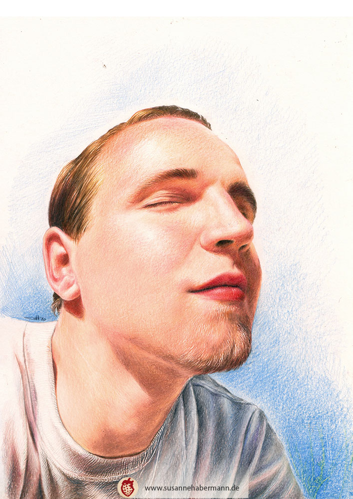 Porträt -  junger Mann mit geschlossenen Augen - Zeichnung Buntstift auf Papier - fotorealistischer Stil - A4