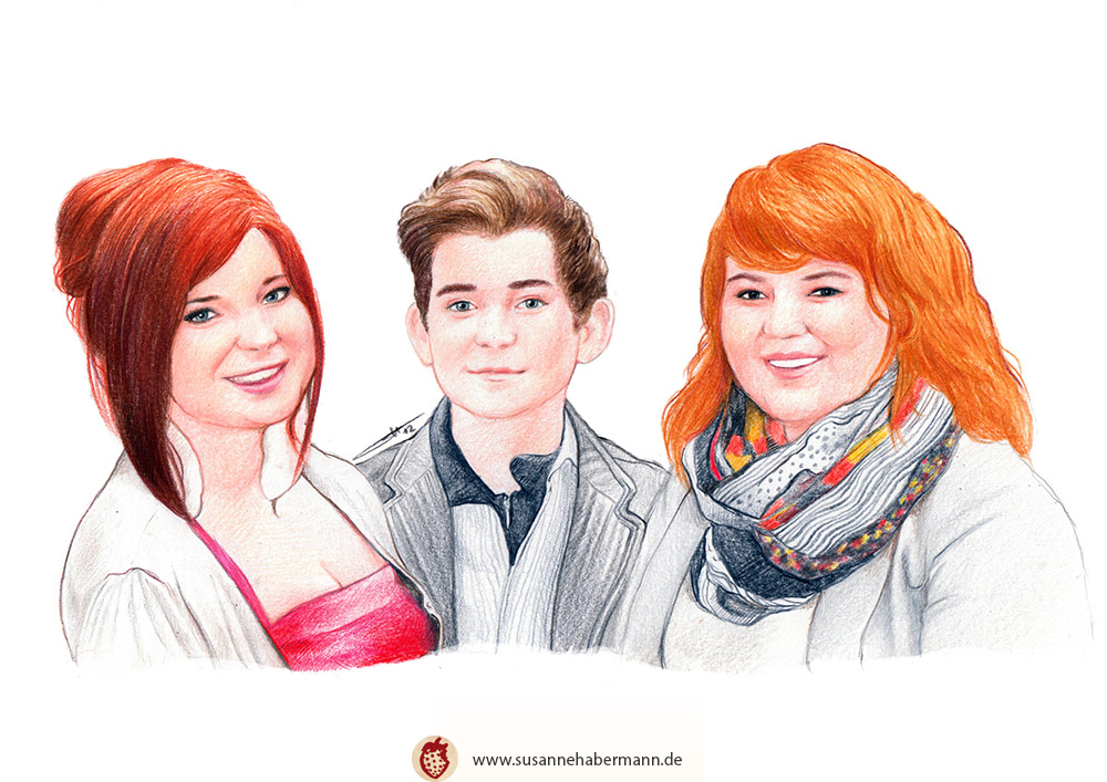 Familienporträt - drei Geschwister im Teenageralter - Zeichnung Buntstift auf Papier