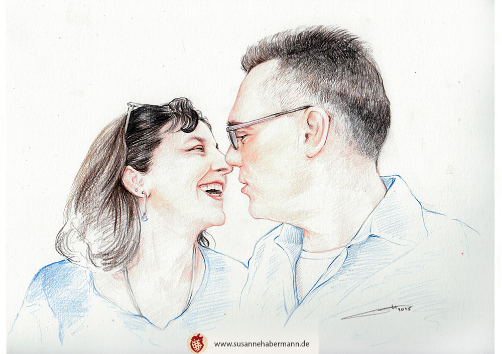Pärchenporträt - Paar im mittleren Alter kurz vor einem Kuss - Zeichnung Buntstift auf Papier