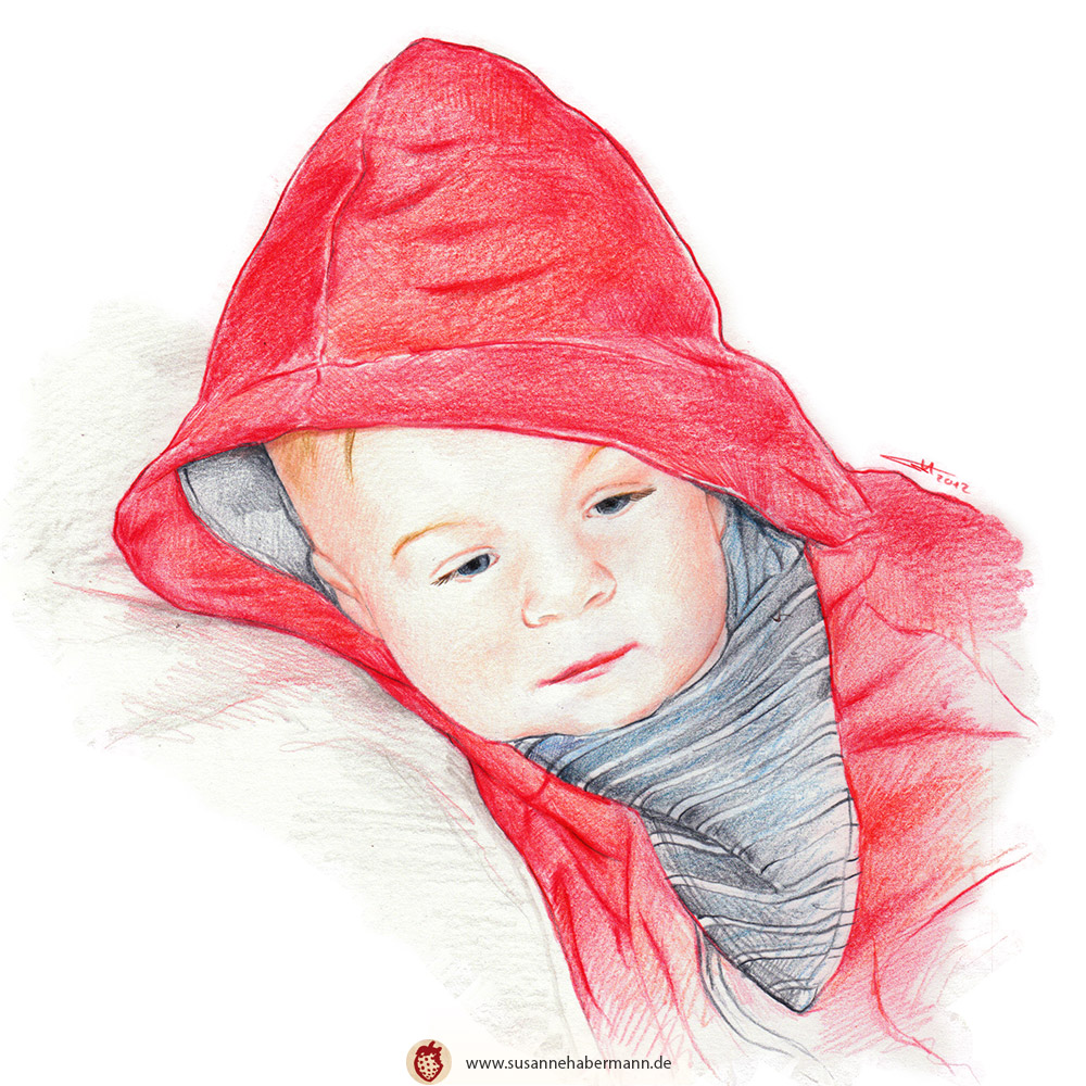 Portrait -  Kleiner junge mit roter Kapuze - Zeichnung Buntstift auf Papier