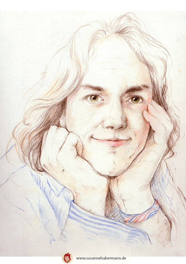 Porträt - junger Mann mit langen Haaren, den Kopf in die Hände gestützt - Zeichnung Buntstift auf Papier