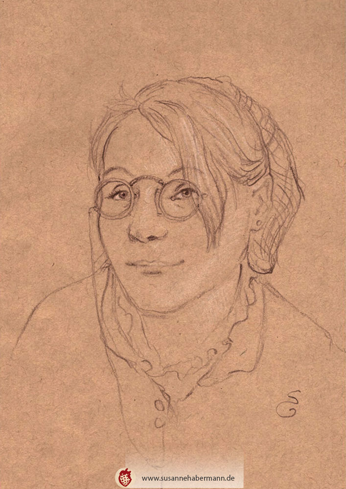 Porträtzeichnung nach Modell auf getöntem Papier - junge Frau mit Brille - Portraitzeichnen auf Veranstaltungen mit Susanne Habermann