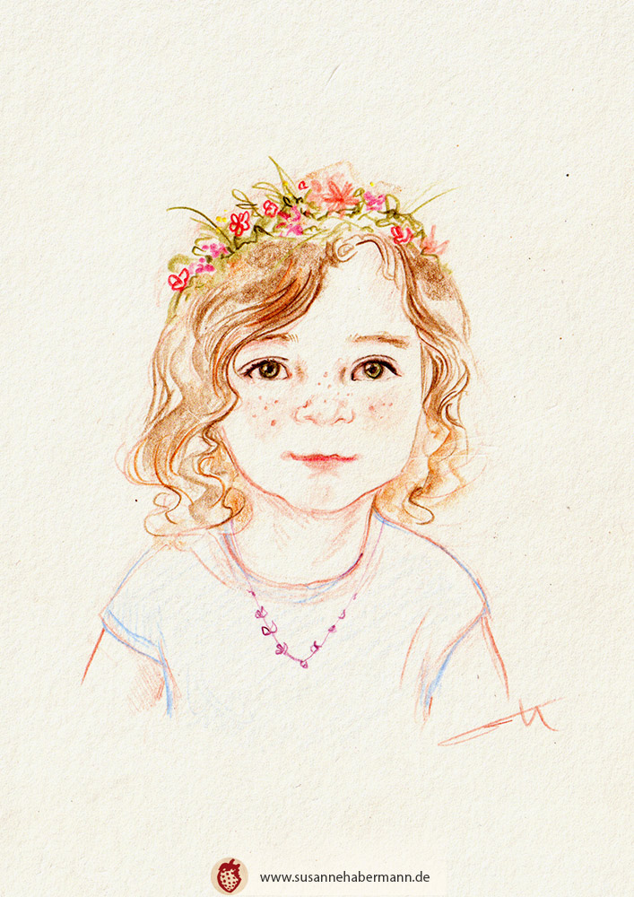 Porträtzeichnung nach Modell - kleines Mädchen mit Blumenkranz  - Portraitzeichnen auf Veranstaltungen mit Susanne Habermann