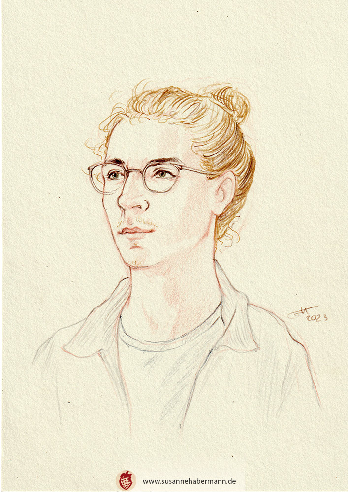 Porträtzeichnung nach Modell  - junger Mann mit Brille und Haardutt - Portraitzeichnen auf Veranstaltungen mit Susanne Habermann