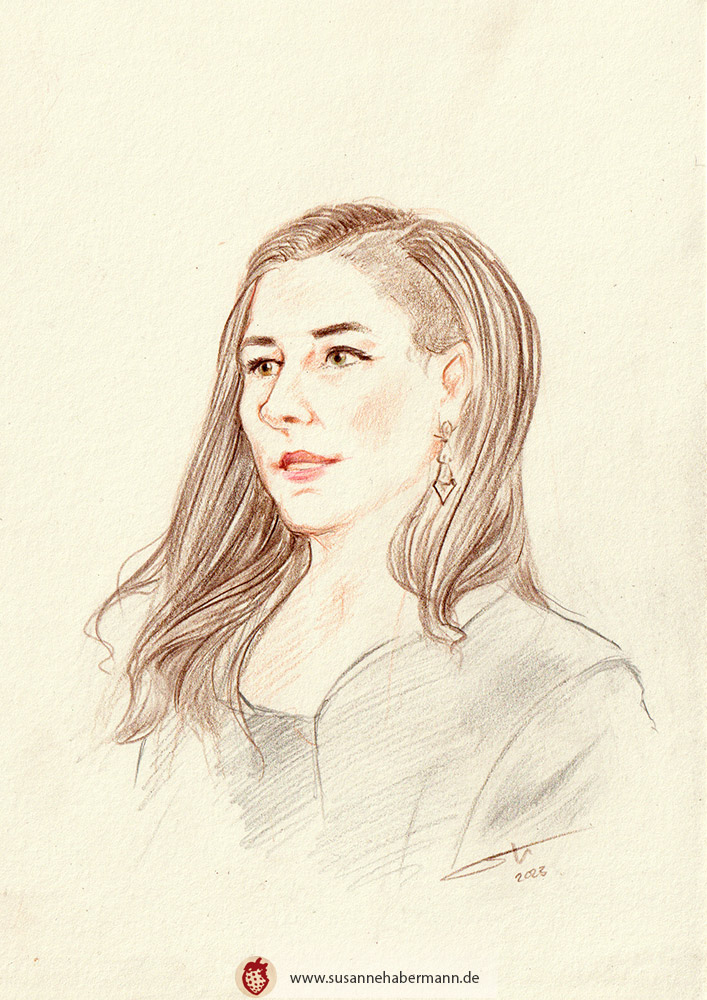 Porträtzeichnung nach Modell - junge Frau mit langen braunen Haaren - Portraitzeichnen auf Veranstaltungen mit Susanne Habermann