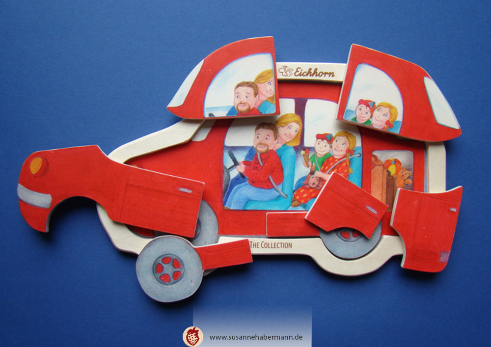 Kinderpuzzle in Form eines Autos, einige Teile sind herausgenommen - Illustration für Eichhorn