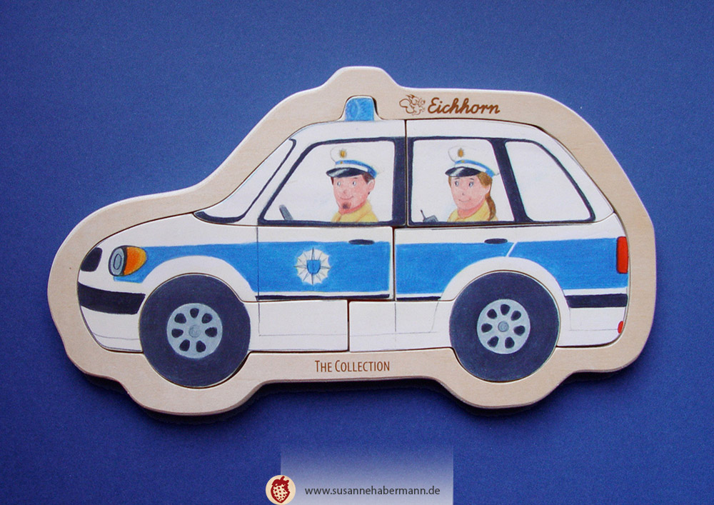 Kinderpuzzle mit Polizeiauto - Illustration für Eichhorn