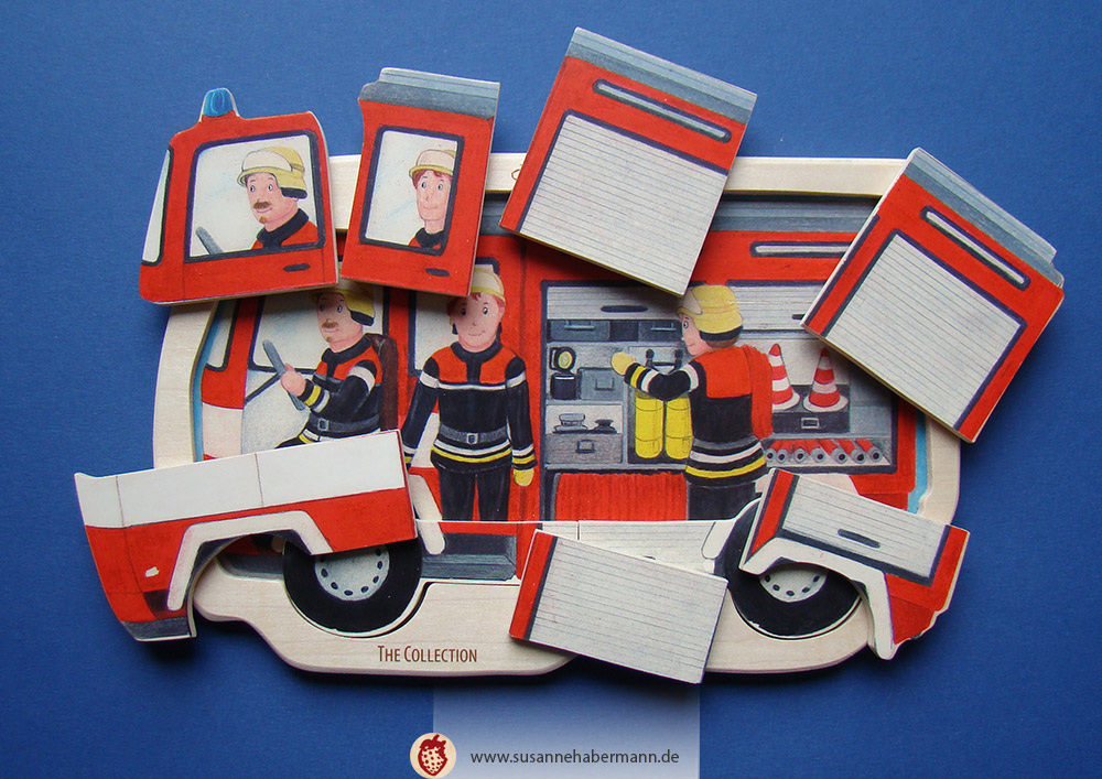 Kinderpuzzle in Form eines Feuerwehr-Autos, einige Teile sind herausgenommen - Illustration für Eichhorn
