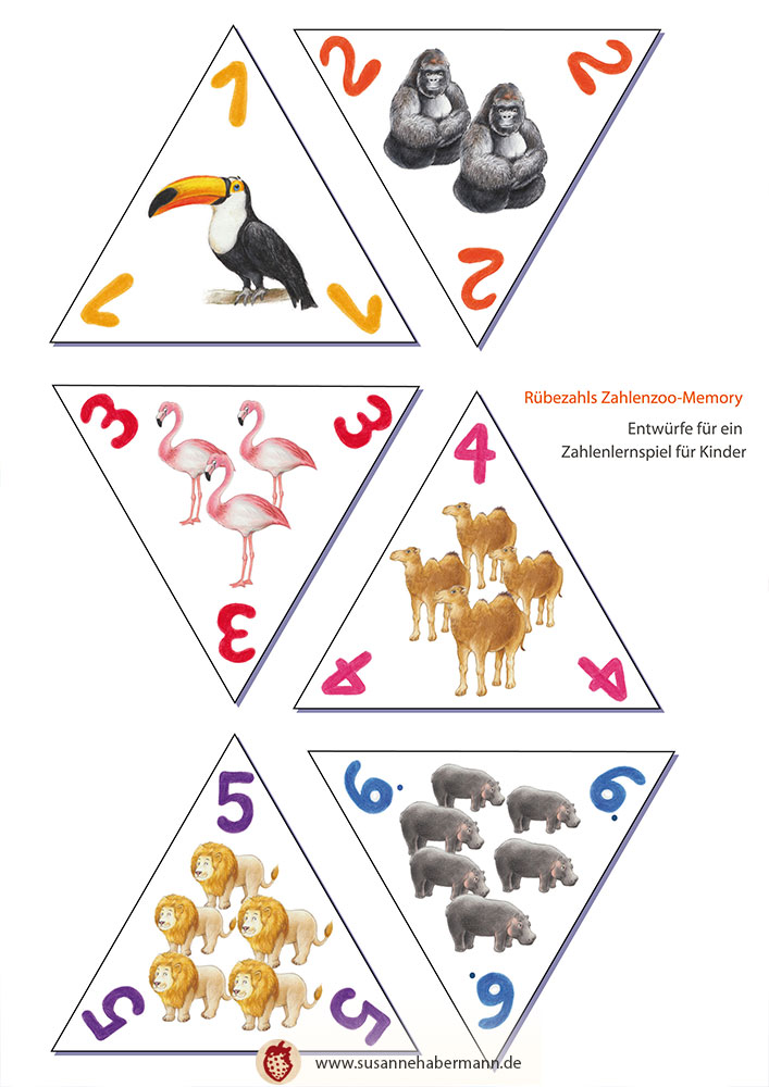 Illustration für Kinderspiel - Dreiecke mit Zahlen, Zahlen sind mit Tieren dargestellt