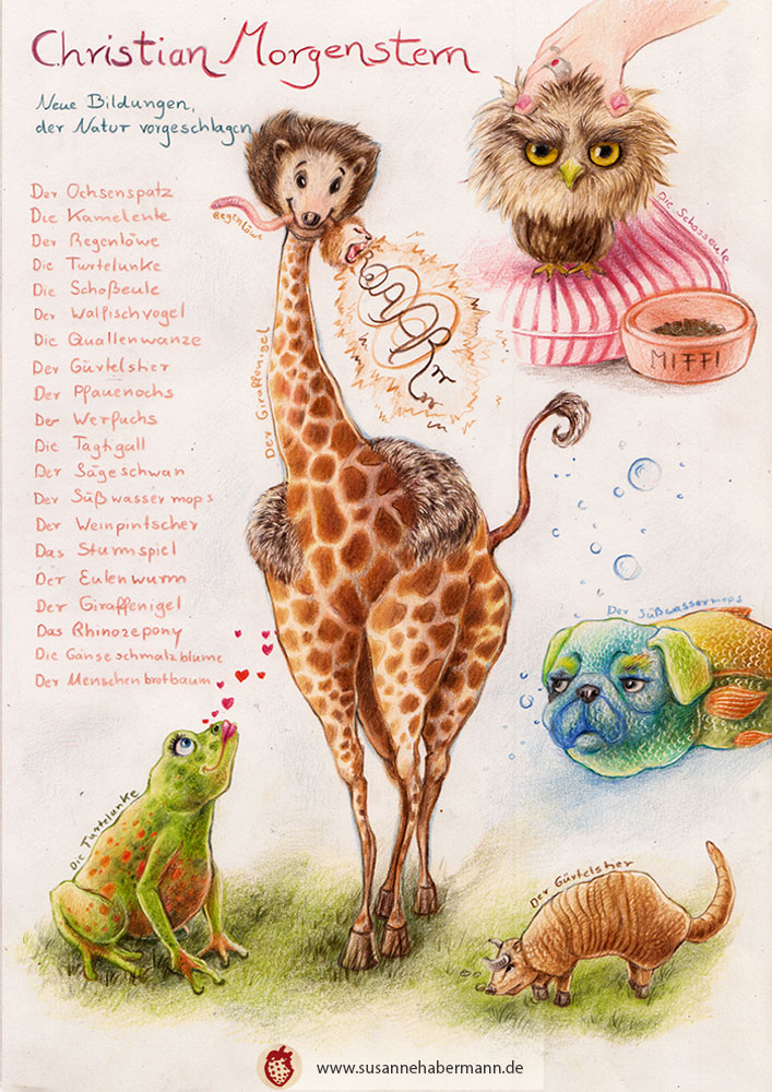 Illustration zu Christian Morgenstern "Neue Bindungen der Natur vorgeschlagen" - Der Garaffenigel Giraffe mit Igelkopf und weitere erfundene Tiere