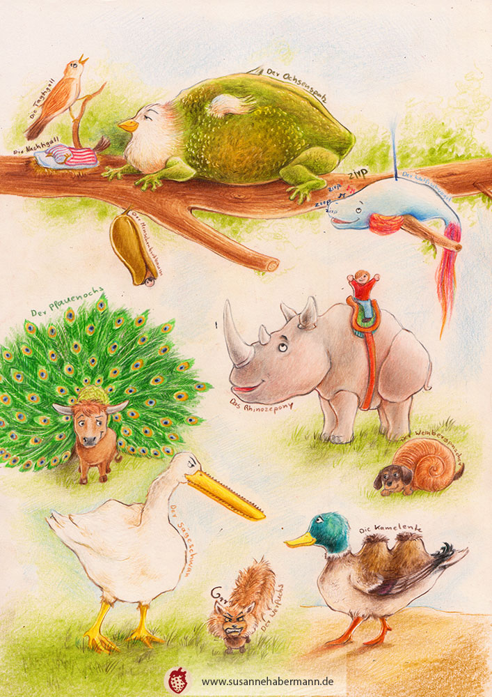 Illustration zu Christian Morgenstern "Neue Bindungen der Natur vorgeschlagen" - Der Ochsenspatz (Spatz mit Krötenkörper) und weitere erfundene Tiere