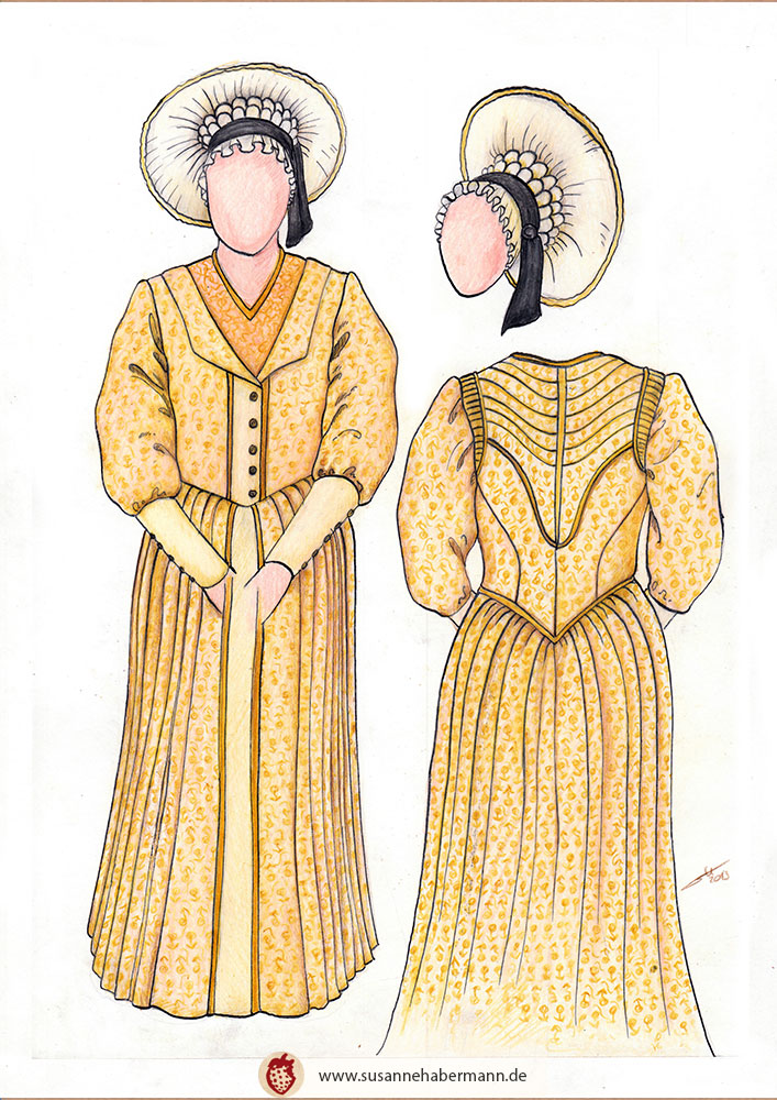 Kostümentwurf für den Trachtenverein Stadeln - weibliches Kostüm in Gelb