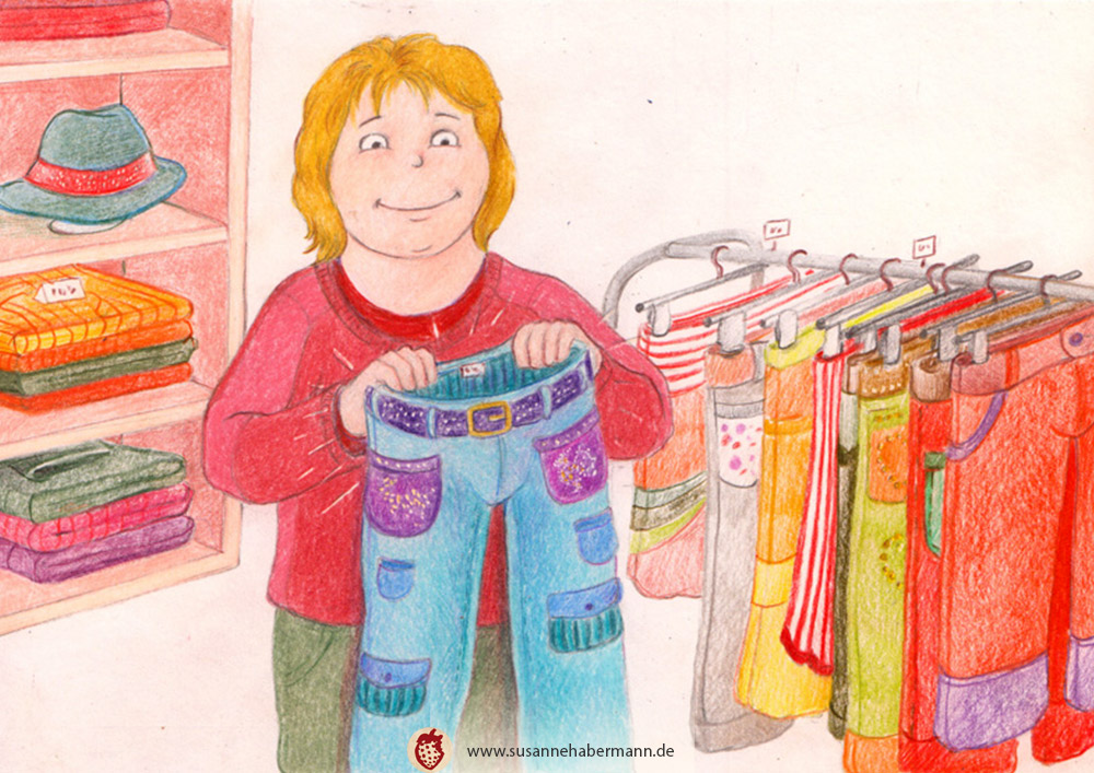 Illustration für Kinderbuch - Mädchen hält schicke Hose in der Hand - im Hintergrund ein Kleidungsgeschäft