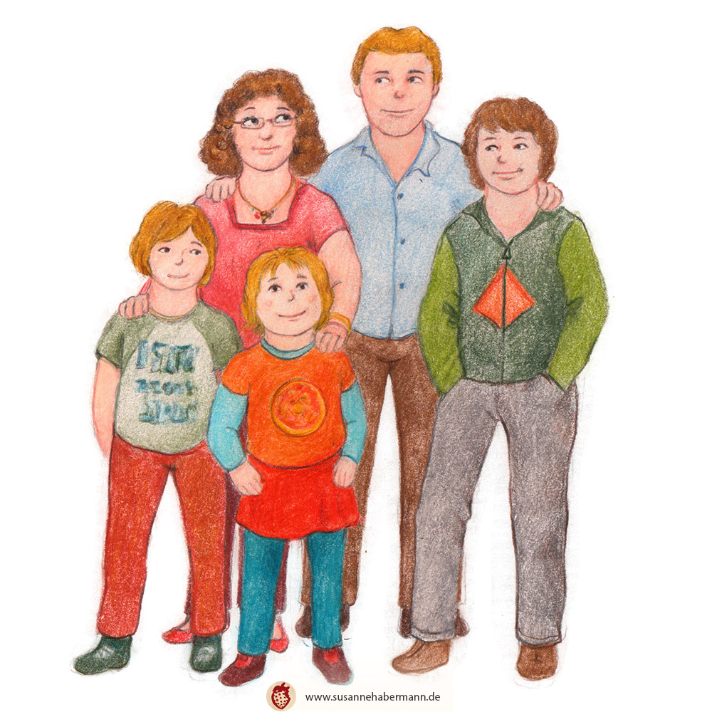 Illustration für Kinderbuch - Familie mit drei Kindern