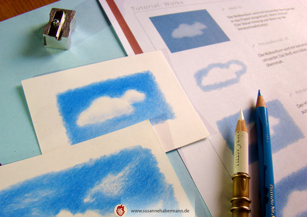 Tutorial "Wolken Zeichnen", kleine Zeichnungen einer Wolke, Buntstifte - Zeichenkurs Nürnberg Fürth "Fotorealistisch Zeichnen mit Buntstiften" bei Susanne Habermann