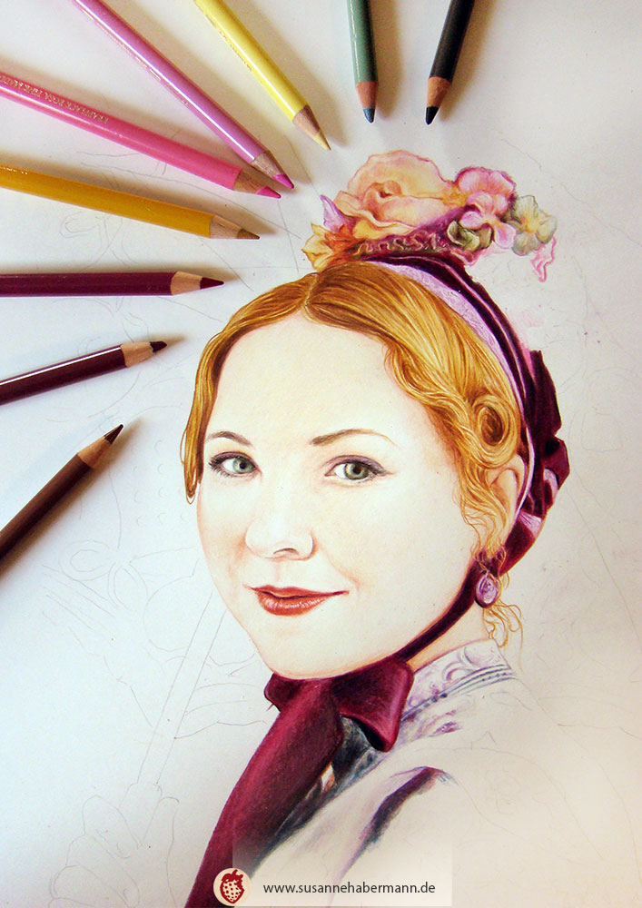 Porträt - Zeichnung von einem Gesicht einer jungen Frau mit Haarschmuck, halb fertig, von Buntstiften umrahmt - Zeichnung Buntstift auf Papier - fotorealistischer Stil - A4