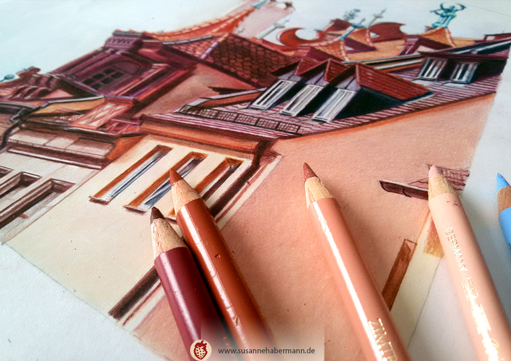 Fembohaus Nürnberg - Dächer mit vielen Giebeln - Zeichnung Buntstift auf Papier - A4