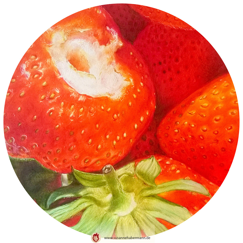 "Erdbeeren" - Erdbeeren in Nahaufnahme, runder Ausschnitt - Zeichnung Buntstift auf Papier - 21 cm Durchmesser - 350 €