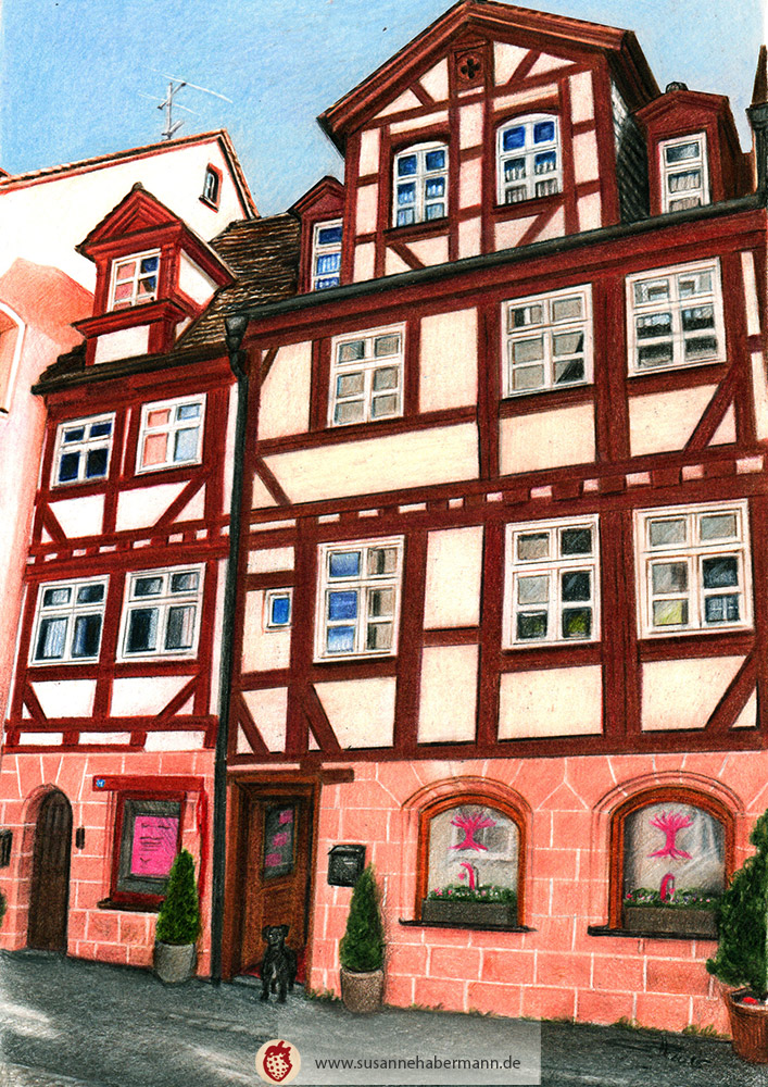 Das Texthaus Nürnberg in der Johannesgasse - altes mittelalterliches Fachwerkgebäude - Zeichnung Buntstift auf Papier - A5 - Auftragsarbeit