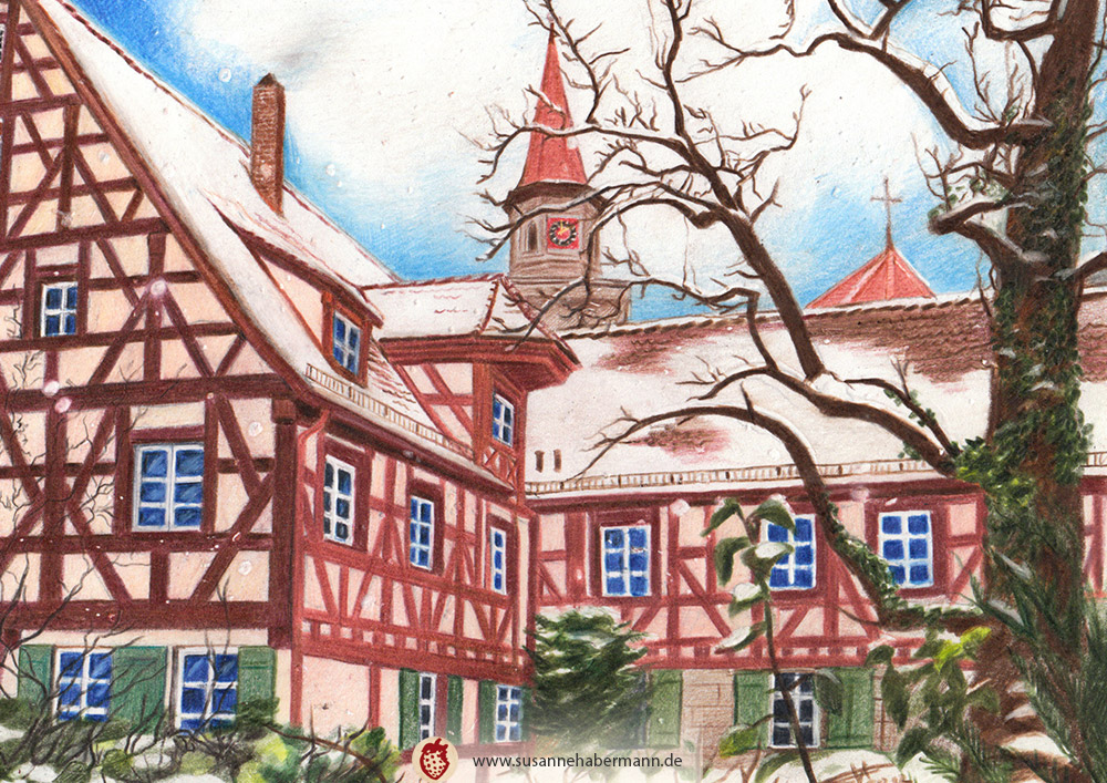"Fürth Pfarrhof" - Fachwerkgebäude, mit Schnee bedeckt, im Hintergrund ein Kirchturm -  Zeichnung Buntstift auf Papier - A5 - 250 €