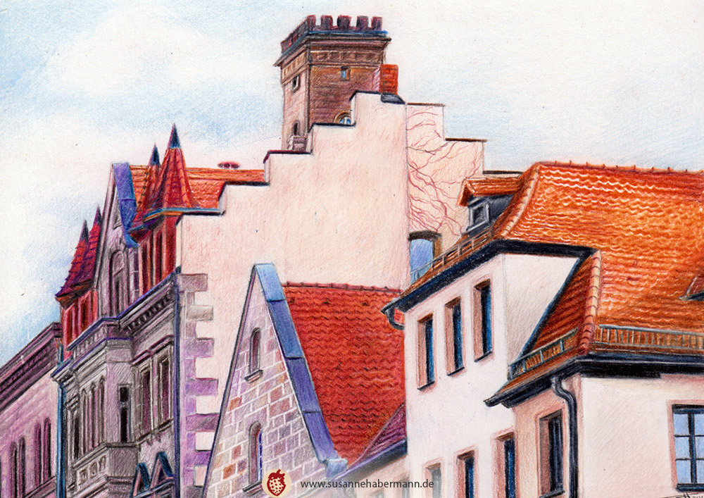 "Fürth Rathaus" - Dächer des Fürther Rathauses -  Zeichnung Buntstift auf Papier - A5 - 200 €