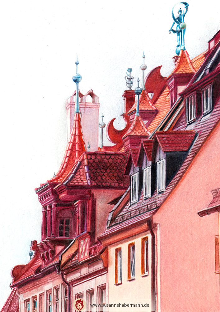 "Fembohaus" -  Dächer des Museums Fembohaus Nürnberg, Statuen, Giebel - Zeichnung Buntstift auf Papier - A5 - im Besitz der Grafiksammlung der Stadt Nürnberg