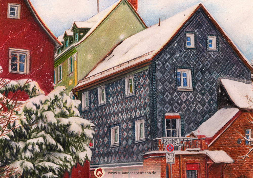"Fürth-Zur Gustavstraße" - alte Häuser, verschneit -  Zeichnung Buntstift auf Papier - A5 - verkauft